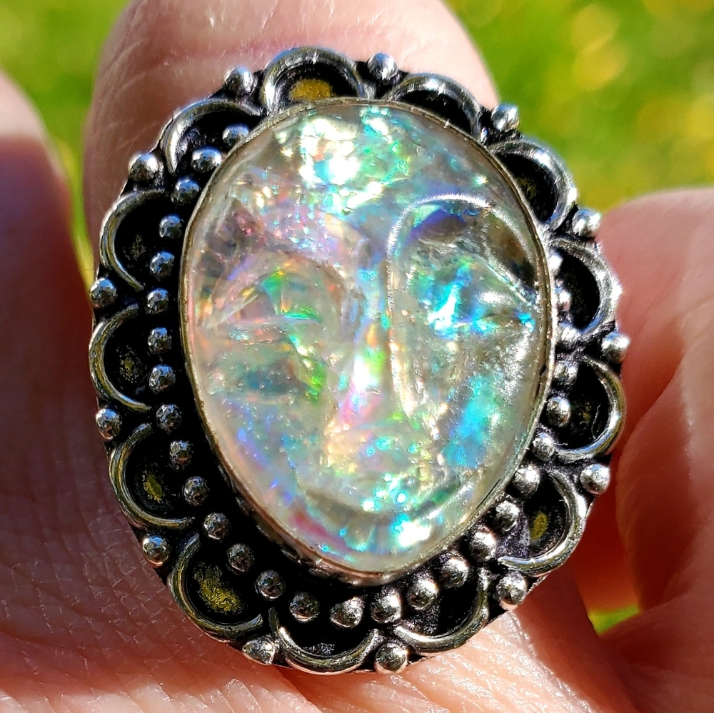 New Amazing Carved Goddess Face Opal 925 Silver Ring.